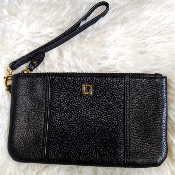 EUC Lodis Leather wristlet purse, bag, wallet, black, gold, removable strap - Picture 1 of 10